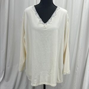 Cream Lace Trim Long Sleeve Top Women’s 3X T Shirt Comfort 3/4 Sleeves Pullover